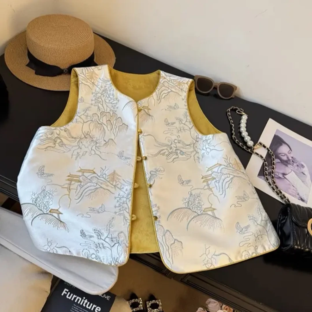 ‘烟雨江南’亭台楼阁双面穿马甲刺绣亮片织金提花新中式无袖马甲