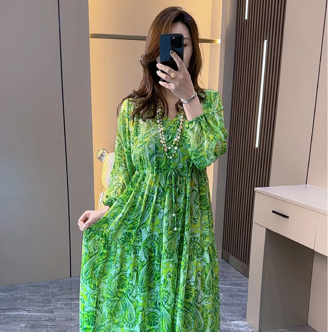 Duo+2025新款夏季V领前抽绳气质淑女显瘦单层防晒度假沙滩连衣裙