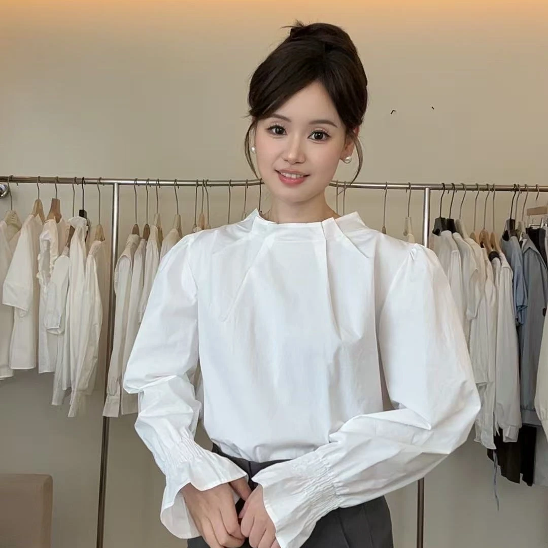 春秋季设计感小心机长袖纯棉衬衣女新款韩版内搭宽松上衣白衬衫