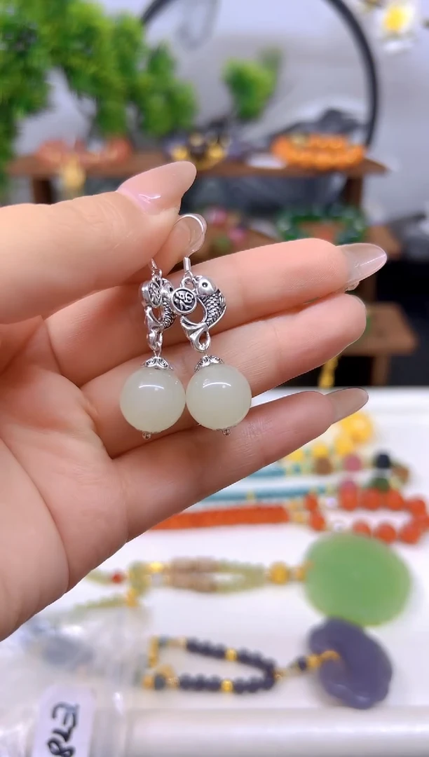 和田玉（白玉）银S925镶嵌耳饰E783