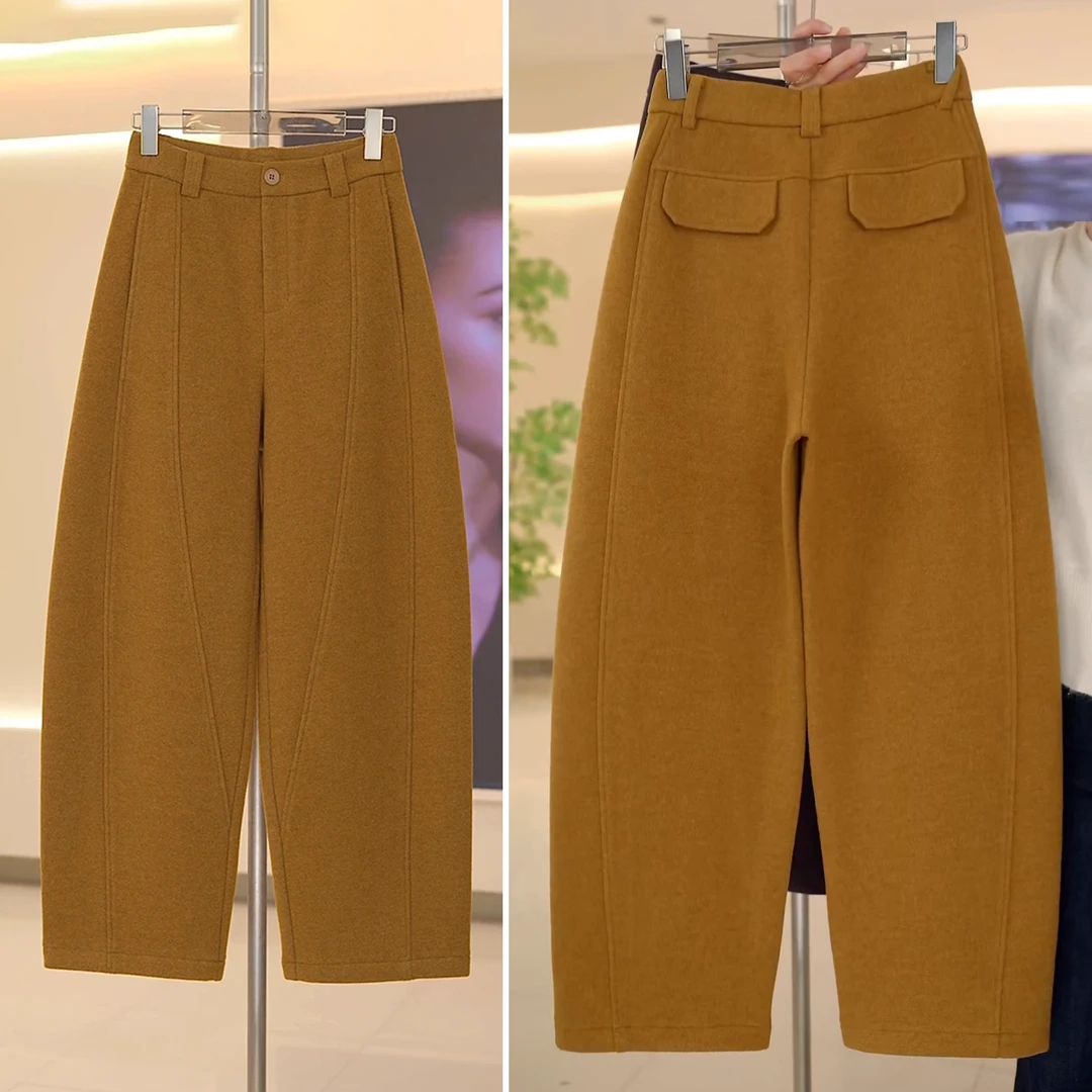 加绒加厚绵羊毛窄版弯刀裤女冬季2025爆款松紧高腰保暖阔腿香蕉裤