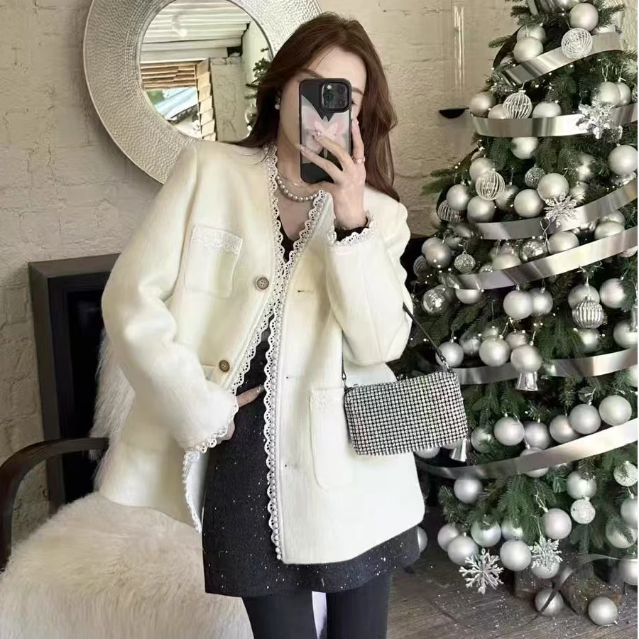 【薇哥内部自营】蕾丝拼接加厚毛呢小香风羽绒服韩版QM91817