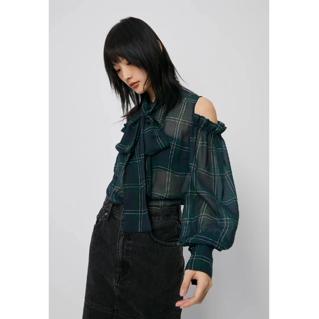 【强哥外贸】 M 秋季新款 时尚都市通勤风复古格纹领结衬衫复古衬衫