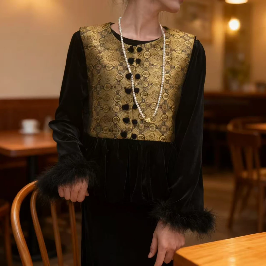 2025秋季新款时尚拼接马甲新中式国风提花高端丝绒上衣潮流百搭女