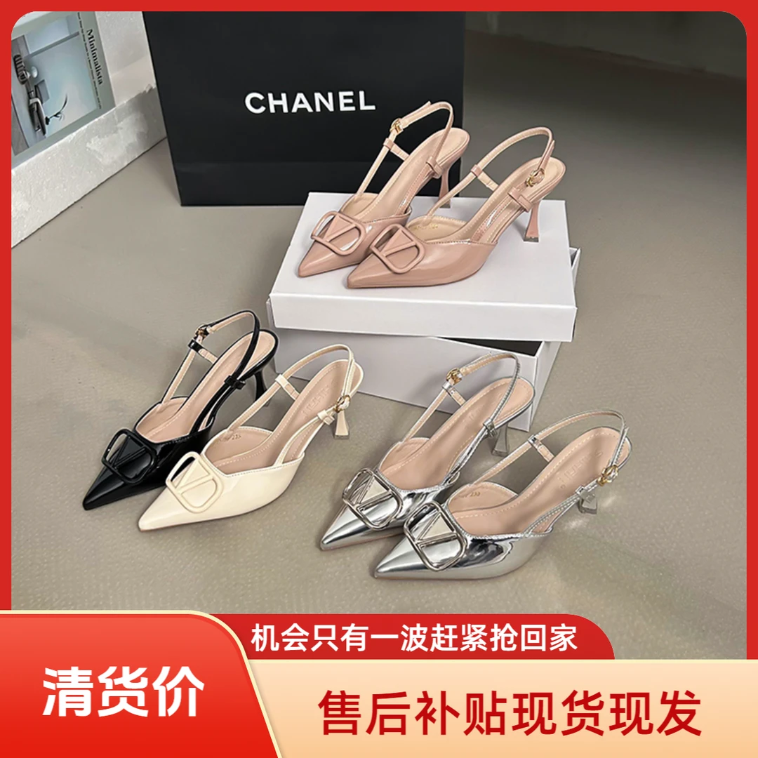 里外全真皮高跟鞋女2025新款裸色尖头细跟凉鞋气质御姐后空单鞋潮