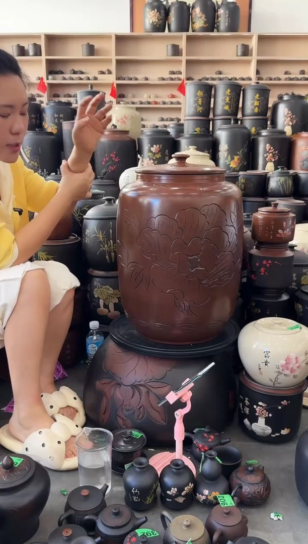 罐完品 古铜色线雕牡丹三号茶缸 高52cm 802