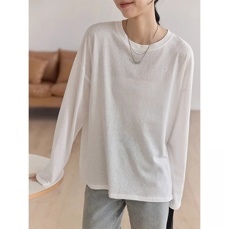 白色防晒长袖t恤女2026新款夏季宽松薄款雪花棉纯色圆领罩衫面膜T