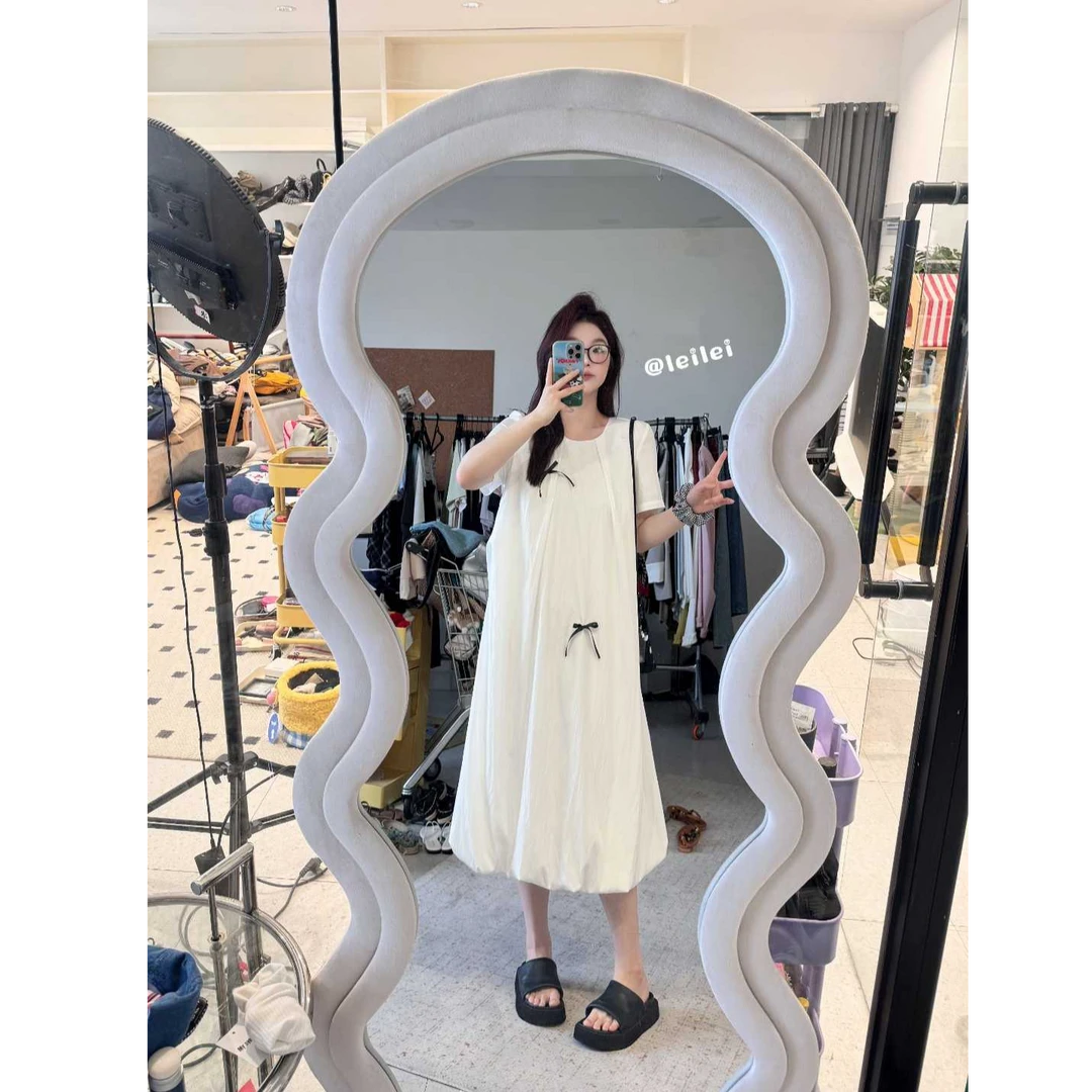 晶咕【表白心迹】韩系蝴蝶结圆领短袖花苞连衣裙百搭时尚