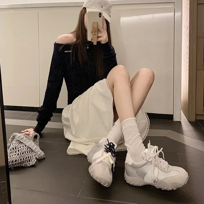 8cm内增高拼色圆头厚底银色德训鞋女2025款休闲运动阿甘鞋老爹鞋