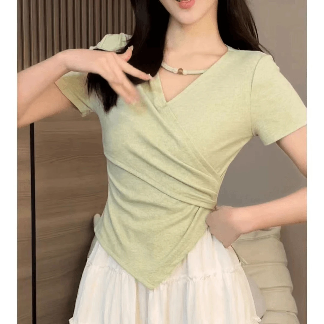 纯欲辣妹风短袖T恤交叉v领新款夏季法式掐腰小衫小众设计感上衣女
