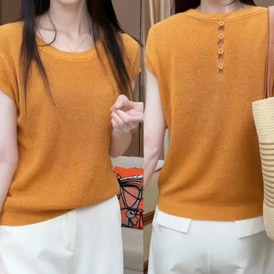 2025显瘦圆领时髦洋气后背镂空打底衫设计感针织衫女高级感上衣