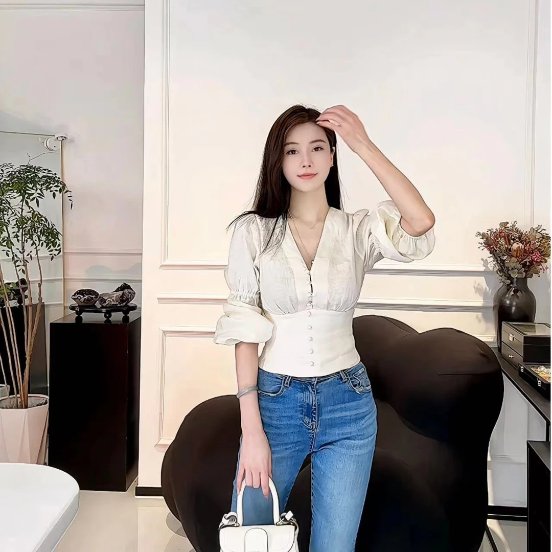 MEETYINA设计师款法式鸢尾紫亚麻上衣显瘦显白收腰宫廷风YN085