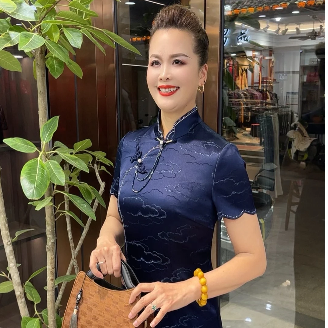 高级富贵蓝色气质显瘦中式修身礼服旗袍中长款LY170802