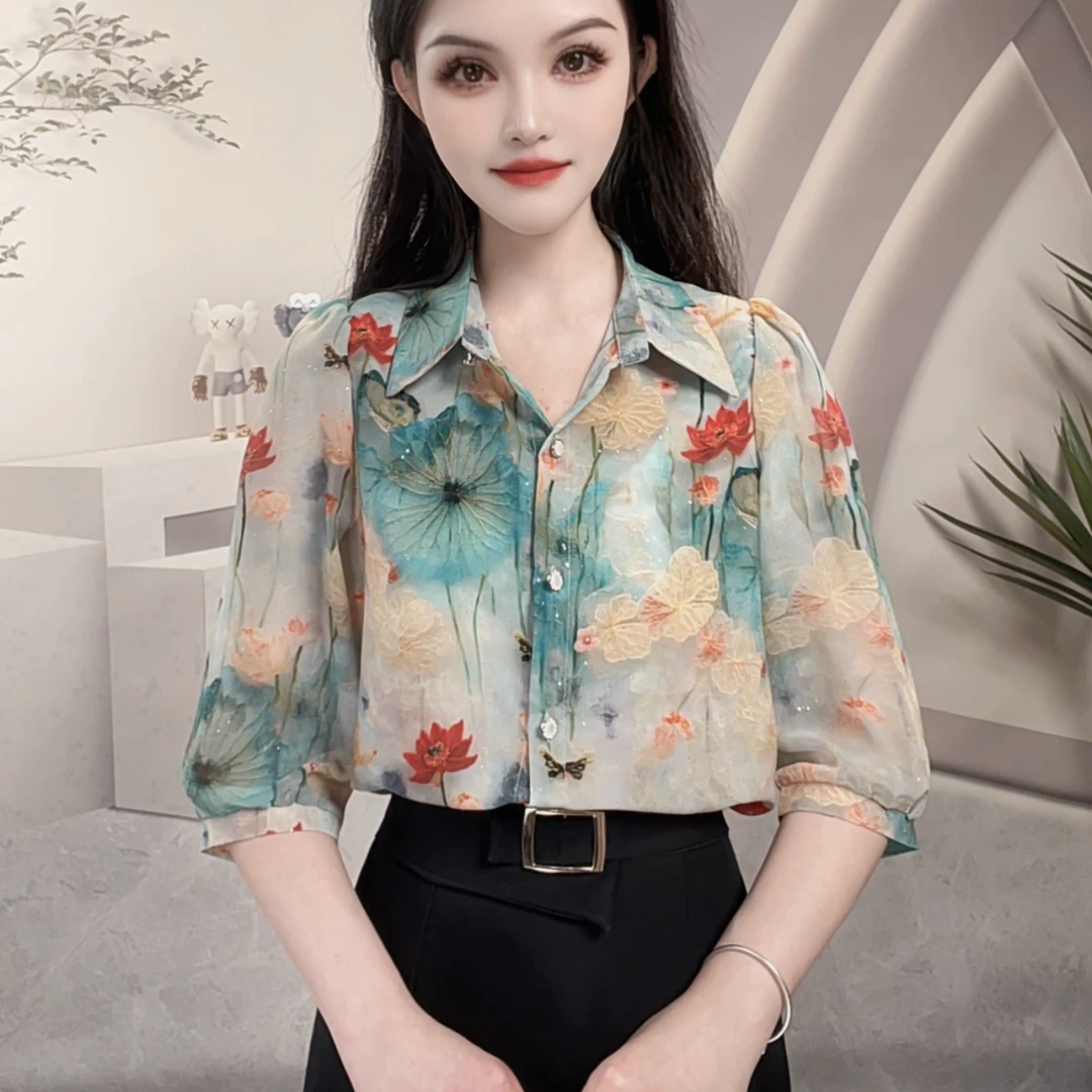 水墨画2025新款衬衫百搭时尚气质翻领花洋气经典印花开衫小衫