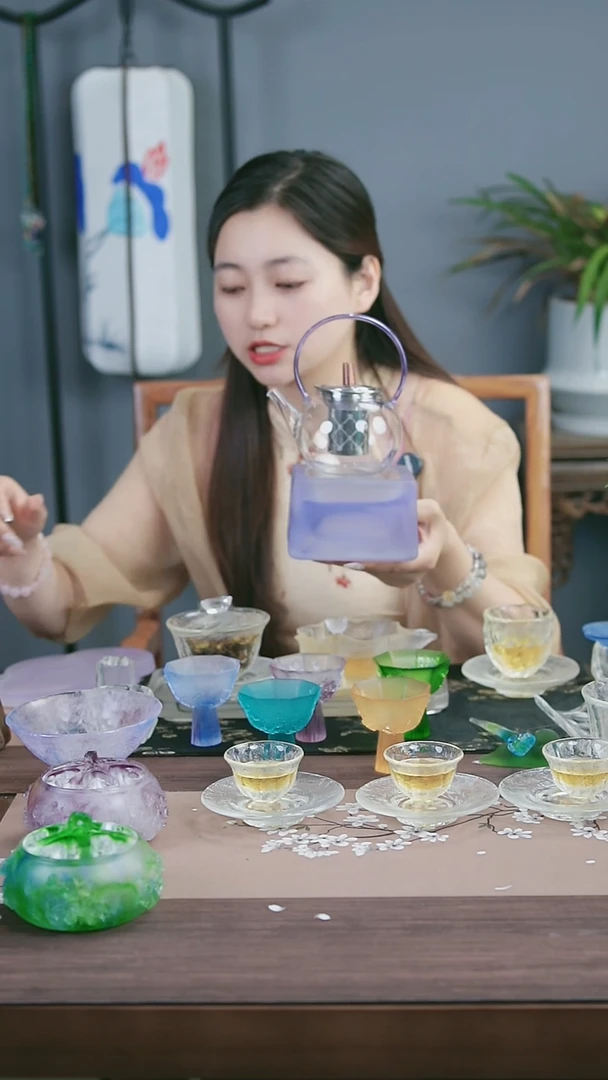茶盏古法琉璃紫色海棠花温茶炉送提梁壶