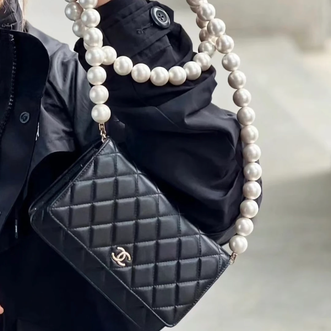 99新 Chanel/香奈儿 0285|香奈儿黑金新款珍珠链条woc斜挎包大号
