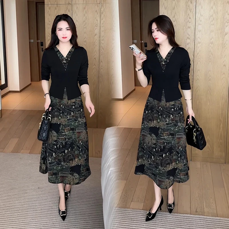 拼接时尚碎花长裙夏季洋气印花气质显瘦V领连衣裙春季秋季高腰
