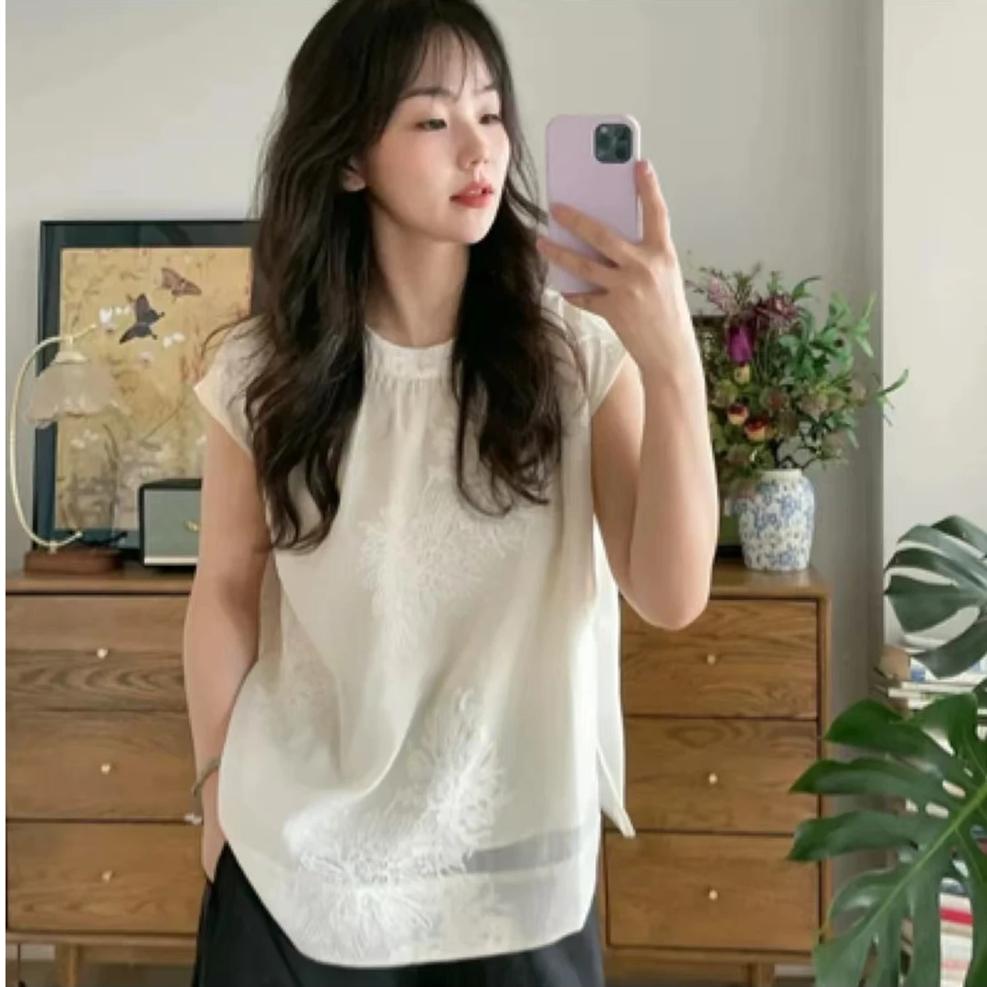 新中式刺绣圆领无袖衬衫女夏季新款复古优雅气质百搭宽松显瘦上衣