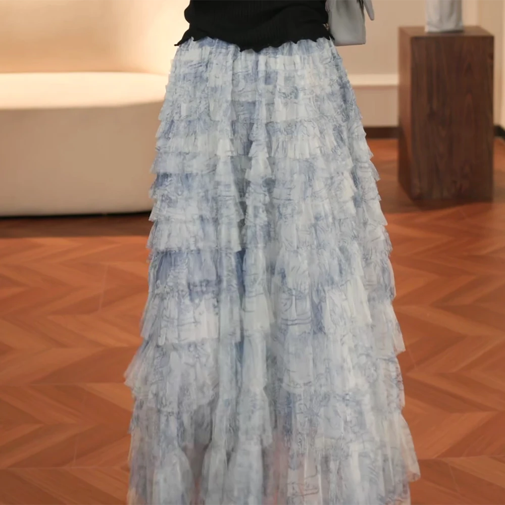 【山水画】25年早春轻奢高级感扎染仙气蛋糕长款半身裙   时尚气质