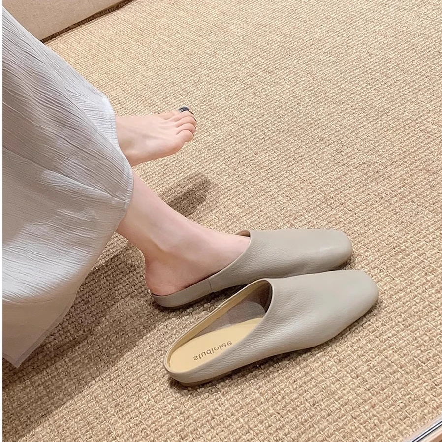 包头一脚蹬软面真皮穆勒鞋半拖鞋女夏季2025新款外穿方头法式凉拖