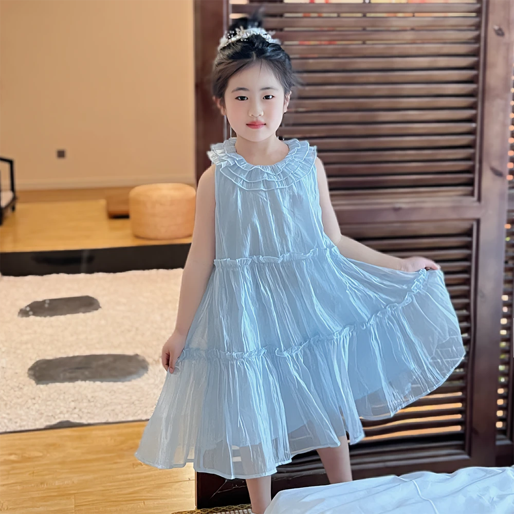 女童新款无袖裙夏季纯色连衣裙轻若风童装公主裙吊带宝宝纱裙洋气