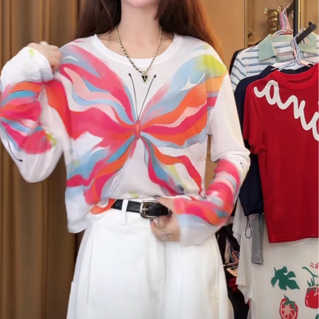 夏日时尚彩色多巴胺小众设计感2025新款蝴蝶印花长袖防晒T恤上衣