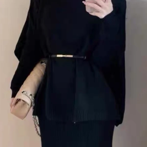 2024秋冬斗篷高领显瘦毛衣外套连衣裙套装舒适新时尚