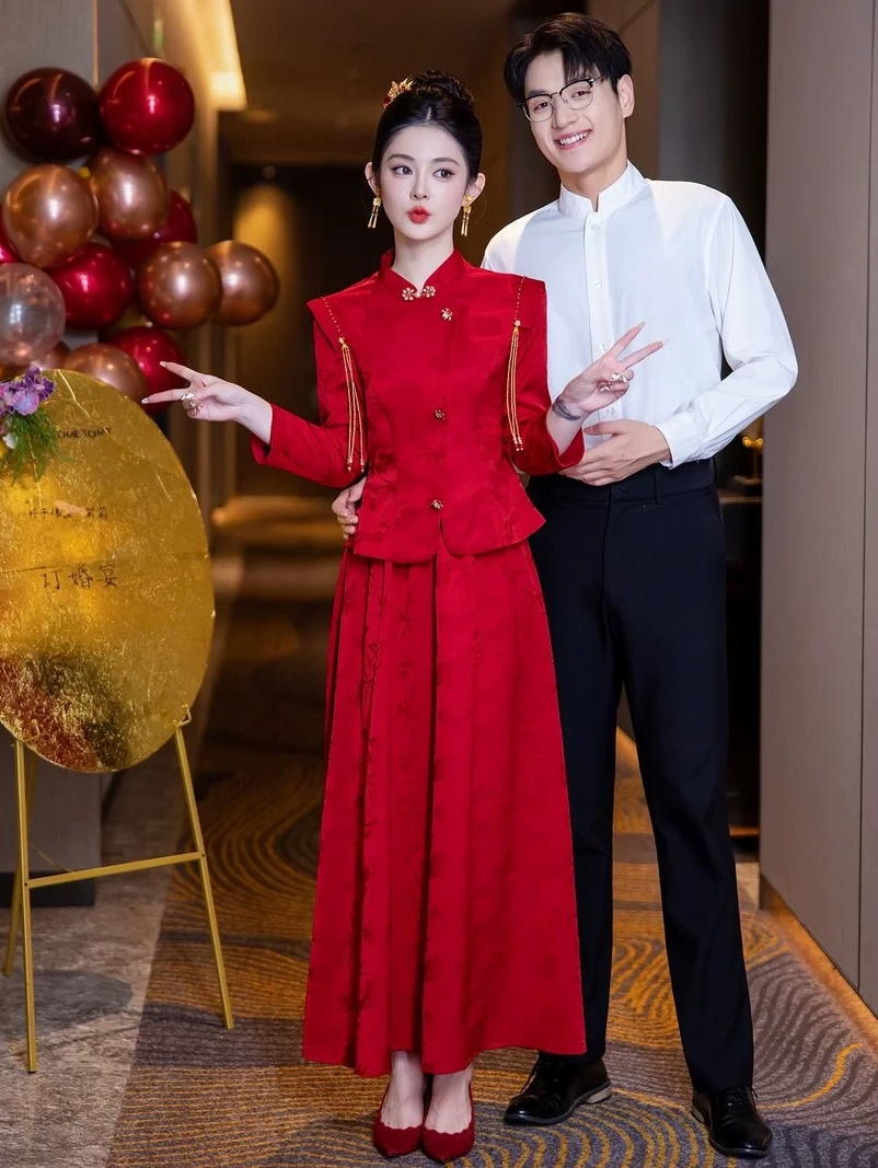 【萌然】敬酒服礼服裙长袖2025秋冬红色新中式两件套结婚订婚旗袍