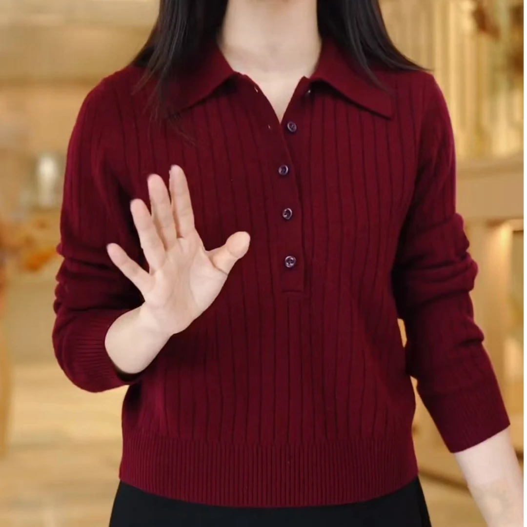 秋冬新款套头POLO领毛衣女士宽松显瘦洋气针织打底衫百搭减龄上衣