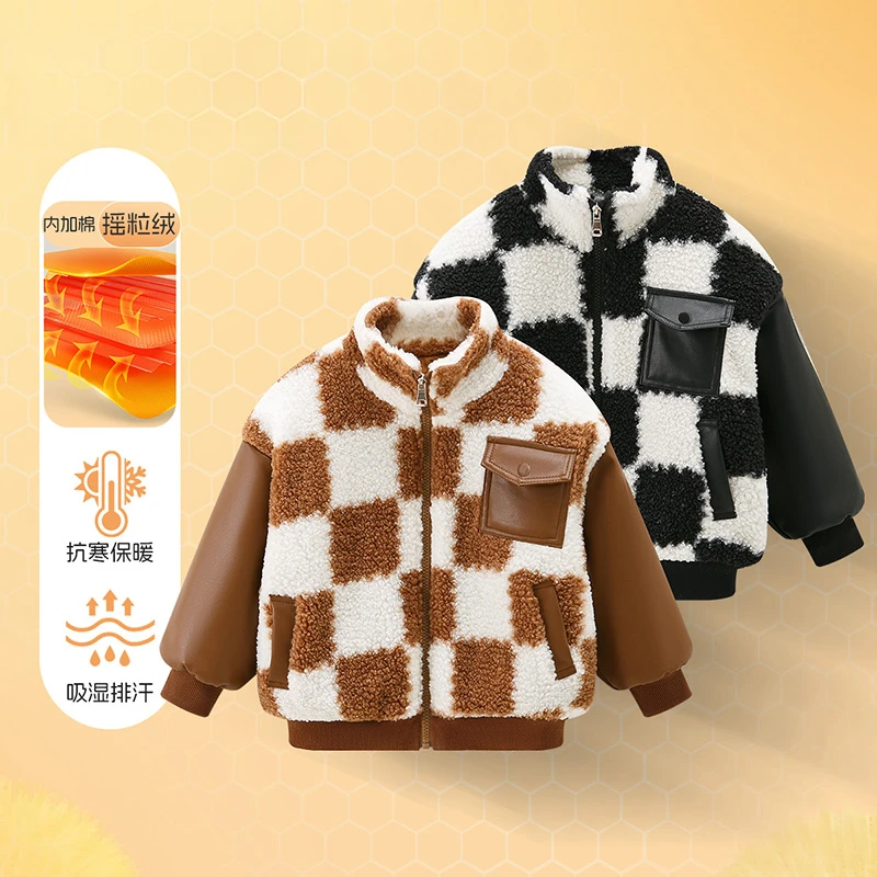 【TT】【现货】【亏米清】中大童保暖外套儿童棋盘格加厚毛毛衣MZE002