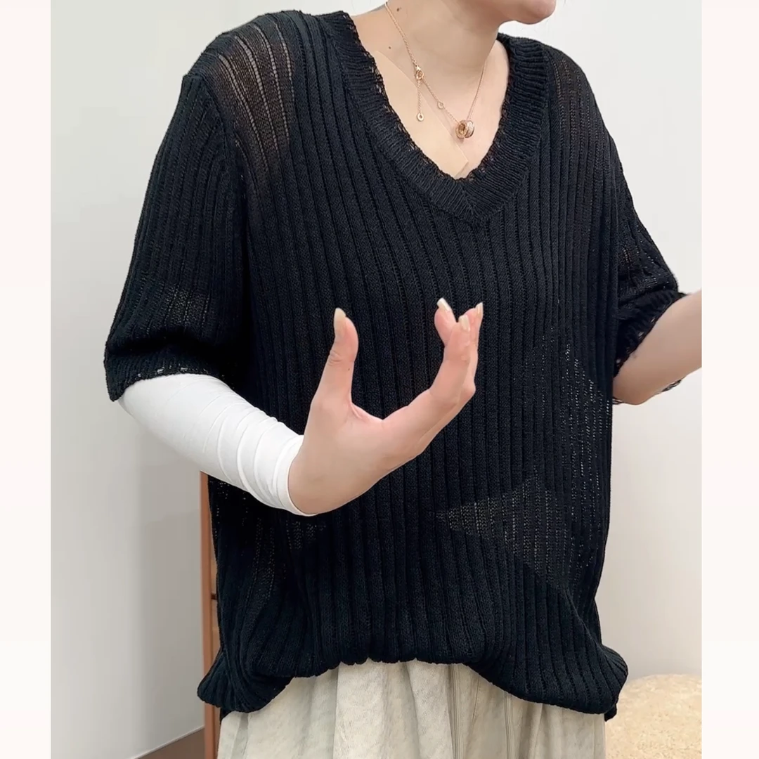 【林南南】V领破洞针织短袖休闲百搭时尚简约677466