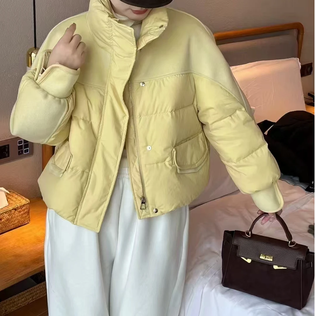 205新款毛呢拼接短款面包服外套女韩系高级感立领外套