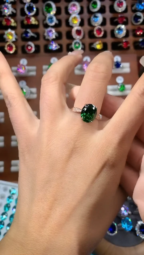 无925银莎弗莱色绿色戒指玫瑰金1012