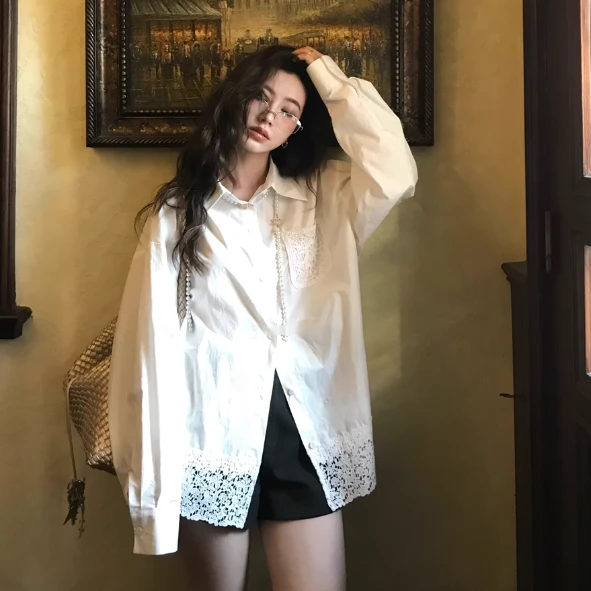 新款蕾丝白色衬衫2025小众设计宽松拼接时尚长袖上衣衬衣春秋百搭