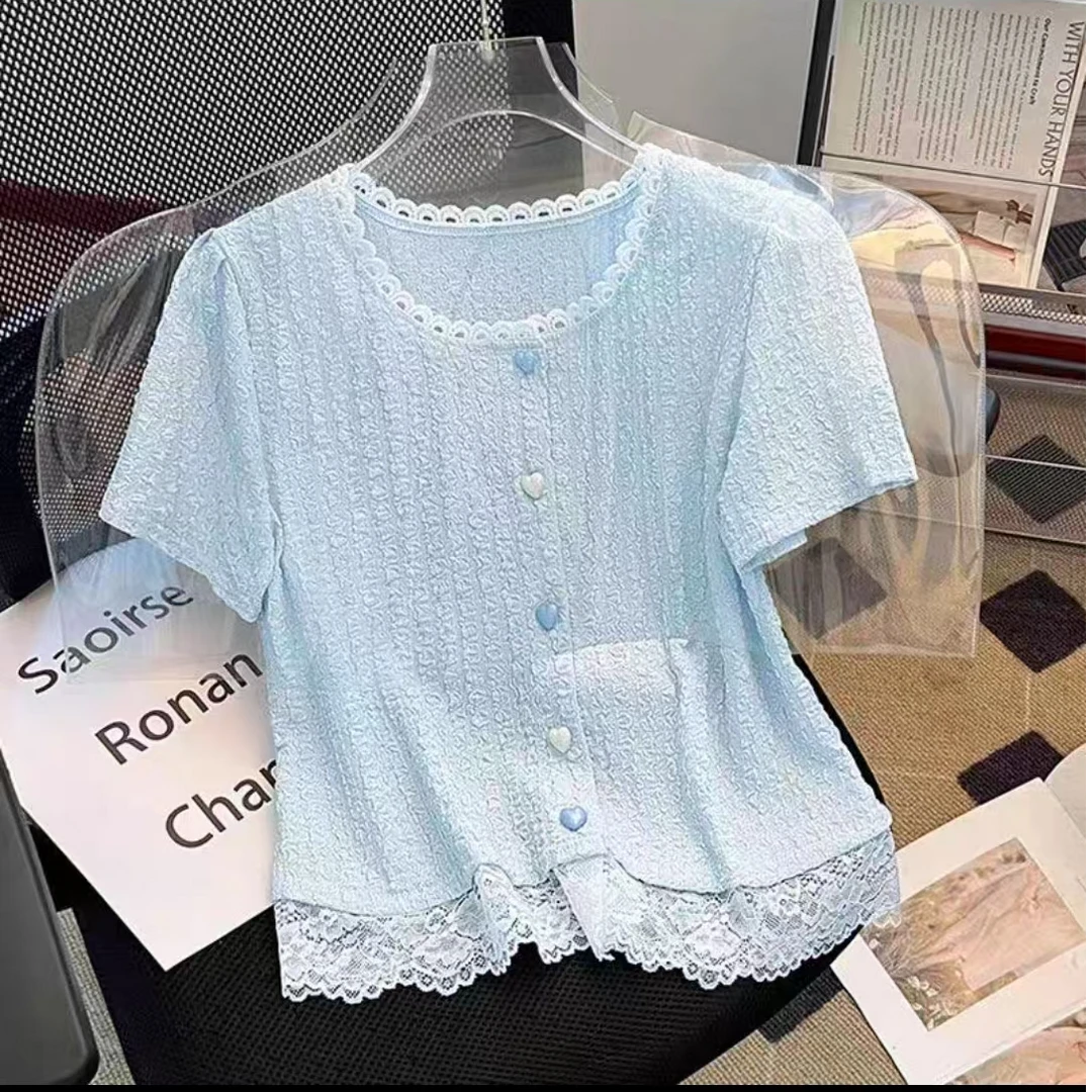 2025夏季新款时尚百搭显瘦短款法式蕾丝花边拼接t恤66822长52