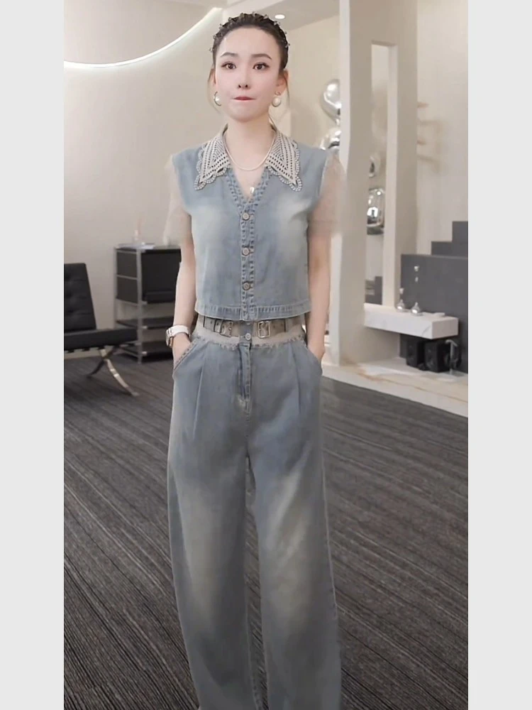 辣妹风高定设计师女装时尚套装夏季显瘦阔腿裤复古牛仔两件套