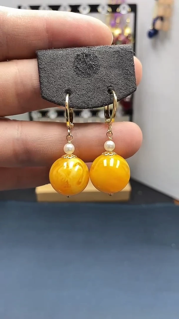 【闪购商品】蜜蜡耳饰银S925镀金镶嵌尺寸16mm耳扣06