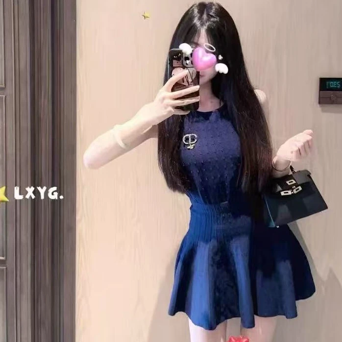 夏季新款小香气质提花无袖针织衫上衣+高腰半身裙两件套装女