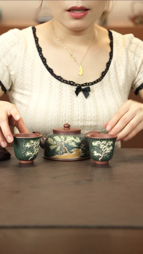 茶壶紫砂直播福利泥绘雪松一壶两杯