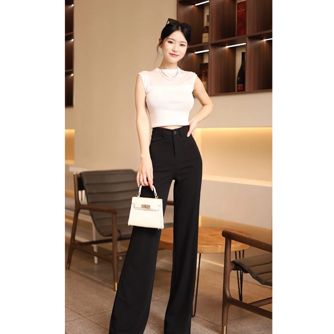 【盛夏光年】小众白色高腰直筒女夏时尚设计感复古气质微拖地长裤