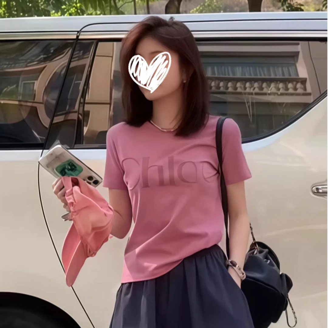 粉色圆领字母印花短袖t恤女2025新款夏季显瘦减龄设计感短款上衣