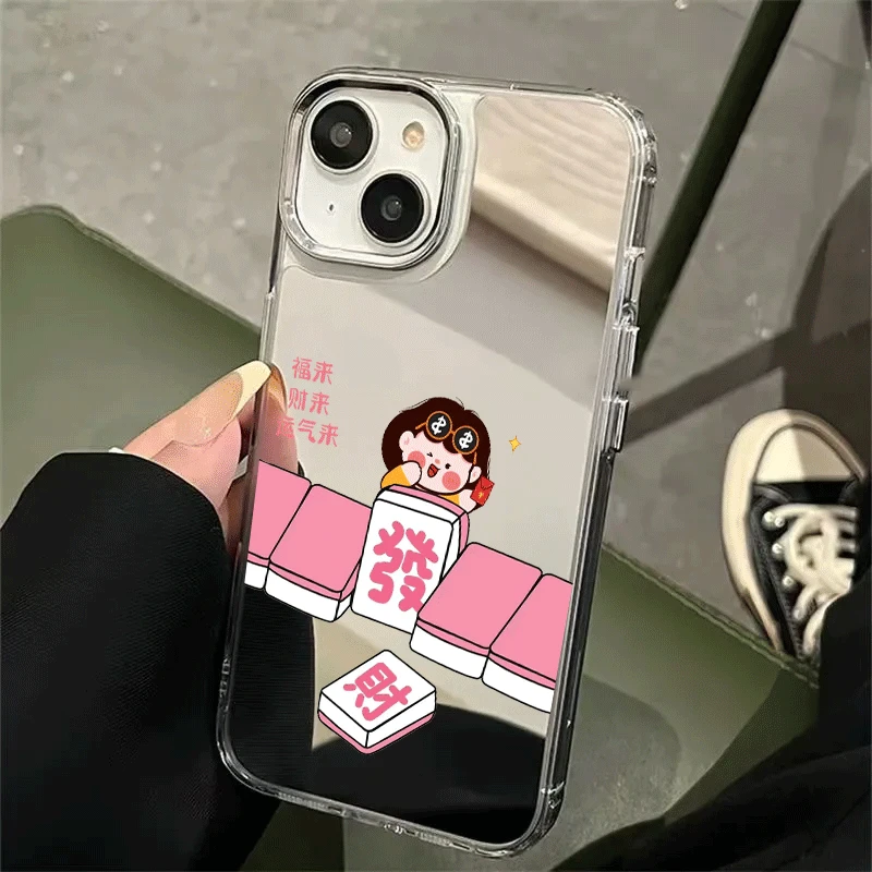 银框镜面发财女孩适用苹果16/5promax手机壳iPhone234女xr/78plus