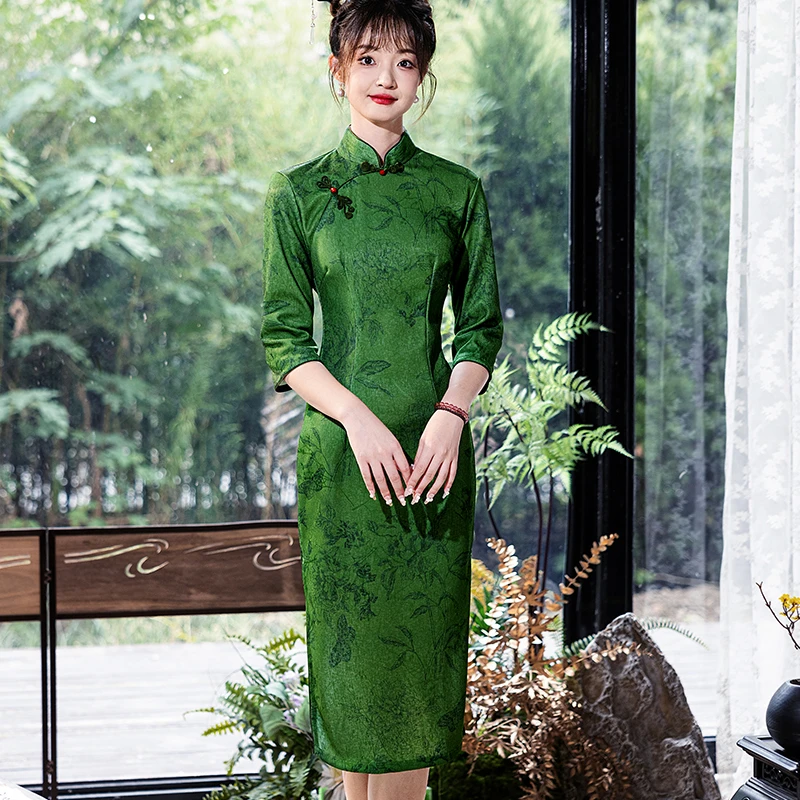 梦路 T660 春夏新款 青葱 裙长105 显瘦女士旗袍