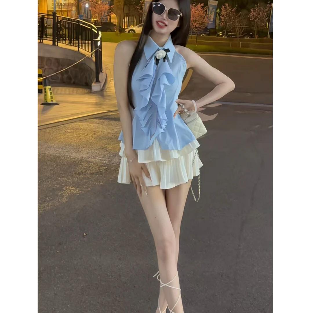 蝴蝶结挂脖露肩荷叶边性感甜美短款无袖小衫配胸针蛋糕裙蓬蓬裙