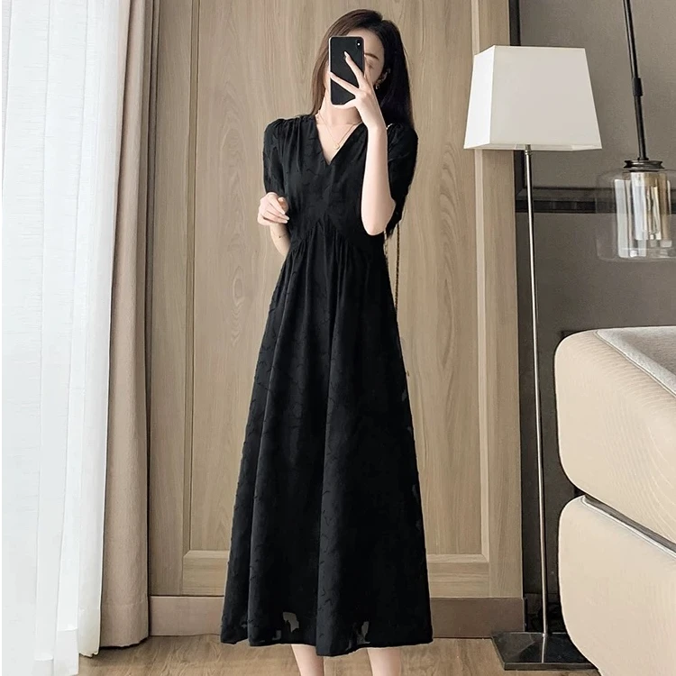 二哥二嫂 【镂空提花连衣裙】夏季复古时尚收腰连衣裙