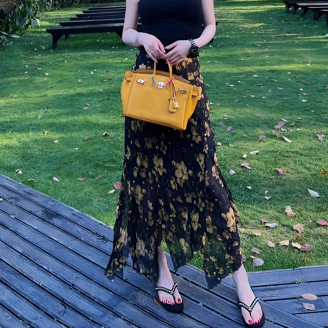 pp黄玫瑰 高级感气质开叉飘逸碎花半身裙女夏季百搭中长款包臀裙