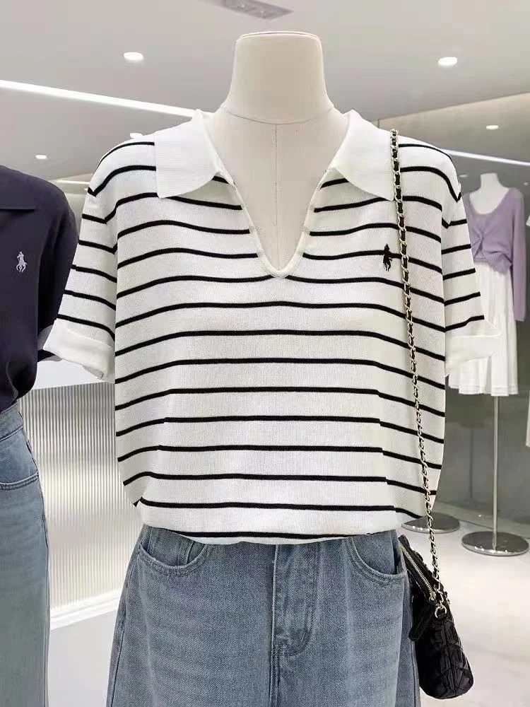 大码女装2025夏季新款条纹polo冰丝针织短袖减龄正肩上衣50096