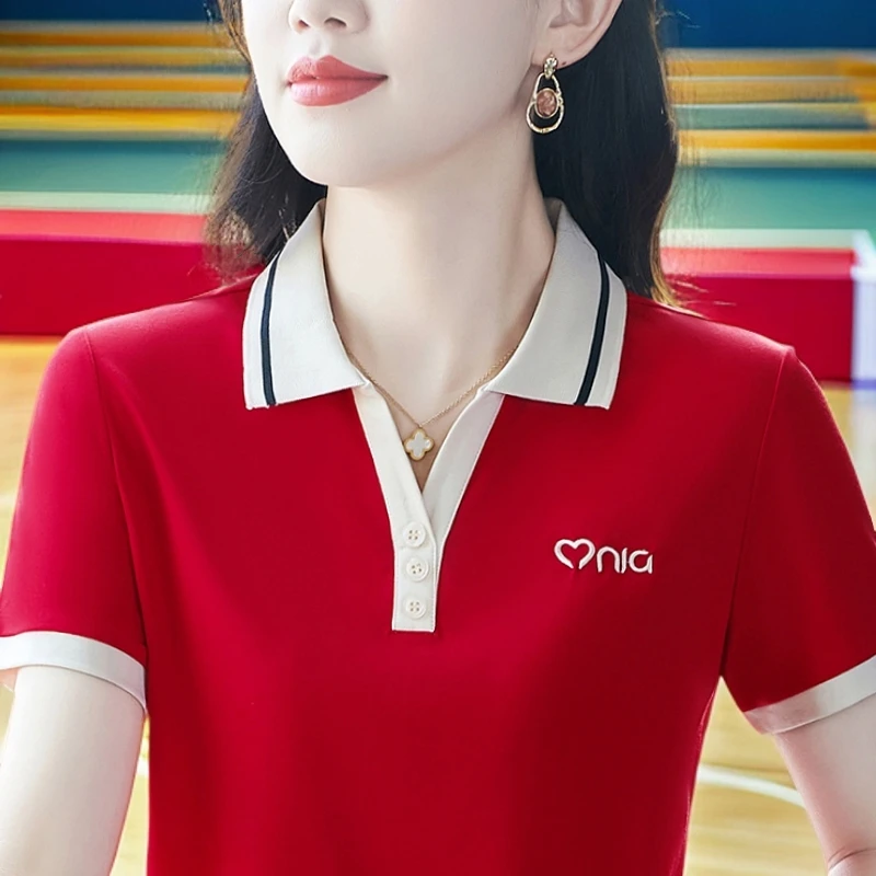 大红色高品质短袖t恤女夏季洋气休闲百搭运动polo衫女潮中老年OL