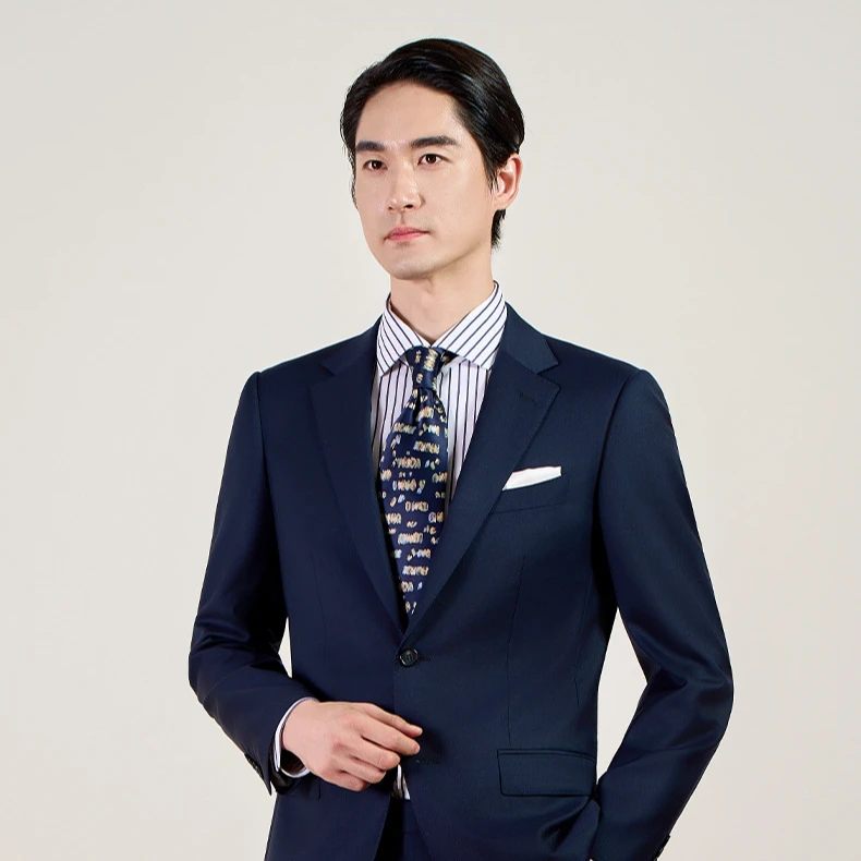男士70%羊毛半麻衬工艺可水洗西服藏青暗格纹男士西服结婚西装