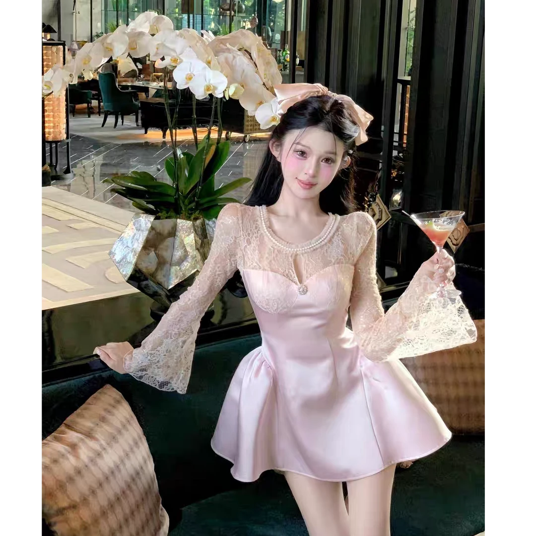 大码春季法式气质轻奢长袖蕾丝连衣裙子修身显瘦蓬蓬短裙10804